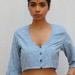 Chidiyaa Blue Paakhi Claudia Handblock Printed Cotton Crop Top Blouse-picture-43