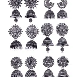 Sangria Set Of 6 Silver Plated Oxidized Jhumka Earrings-image-93