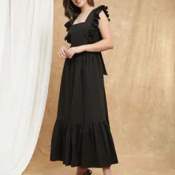 Globus Women Black Square Neck Flutter Sleeves Bow Cut-Out Tiered Fit & Flare Maxi Resort Dress image 3