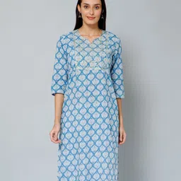 Zelena Three Fourth Sleeves Seamless Intricate Floral Design Embroidered & Sequins Maternity Kurta - Blue-picture-34
