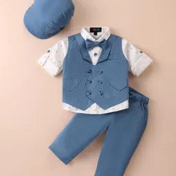 Robo Fry Cotton Knit Full Sleeves Printed 3 Piece Party Suit with Hat & Bow - Blue-picture-18