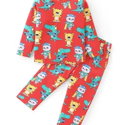 Babyhug Cotton Knit Full Sleeves Night Suit with Tiger & Panda Print - Red-picture-13