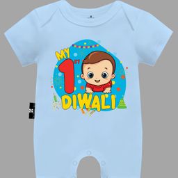 The Peppy Tend Diwali Theme 100% Cotton Half Sleeves My 1st Diwali Text Printed Romper - Blue-picture-14