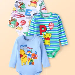 Babyhug Disney Interlock Knit Full Sleeves Onesies with Winnie the Stripes & Pooh Graphics Pack of 3 - White & Blue-picture-28