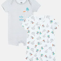 MINI KLUB Cotton Pack Of 2 Half Sleeves Palace & Sailor Text Printed Rompers - White & Blue-picture-24