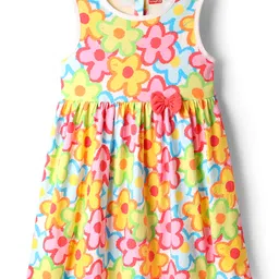 Babyhug Cotton Knit Sleeveless Frock With Floral Print & Bow Applique - White-picture-24