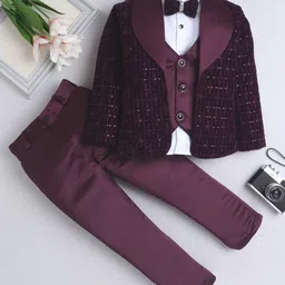 Fourfolds Velvet Full Sleeves Sequins Embellished 3 Piece Part Suit Set - Wine-picture-15