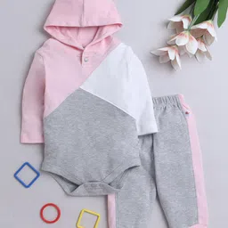 BUMZEE Cotton Knit Full Sleeves Cut & Sew Hooded Onesie & Jogger Set - Grey Melange-image-64