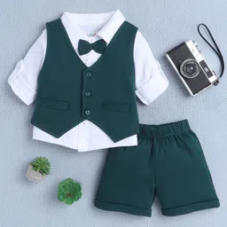 BUMZEE Cotton Knit Full Sleeves Solid 3 Piece Party Suit With Bow Applique - White & Dark Green-picture-38