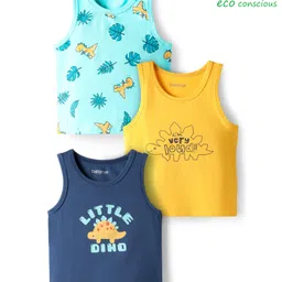 Babyoye 100% Cotton Knit Sleeveless Vests With Dino & Leaves Print Pack Of 3 - Yellow Navy Blue & Aqua-picture-18