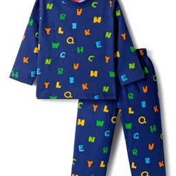 Babyhug Cotton Knit Full Sleeves Co-ords Night Suit With Alphabets Print - Navy Blue-picture-11