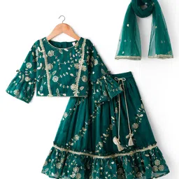 Babyhug Woven Half Sleeves Choli Lehenga & Dupatta Set With Floral Sequin Embriodery - Teal Blue-picture-22