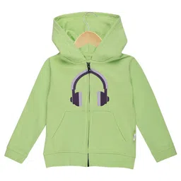 The Mom Store Cotton Blend Knit Full Sleeves Headphone Printed Light Winter Hooded Jacket - Neon Green-picture-34