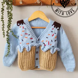 Woonie Hand Knit Full Sleeves Cupcake Designed Cardigan - Blue-picture-15