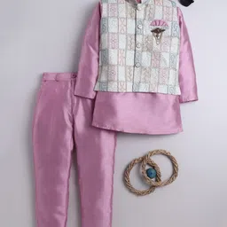 BT DEZINES Cotton Silk Woven Full Sleeves Solid Kurta & Pyjama With Thread Work Embroidered Jacket Set - Lilac-picture-27