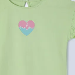 Milou Cotton Frill Sleeves Bio Washed Heart Printed Top - Green image 5