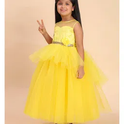 Toy Balloon Kids Net Woven Sleeveless Floral Applique Detailed & Sequins Embellished Layered Gown - Yellow image 5