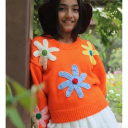 Woonie Handknitted Full Sleeves Floral Patch Detailed Sweater - Orange image 5