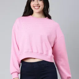 showoffff SHOWOFF Pink Self Design Crop Sweatshirt image 2