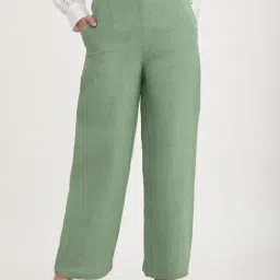 FableStreet Green Cotton Parallel Trousers-image-13