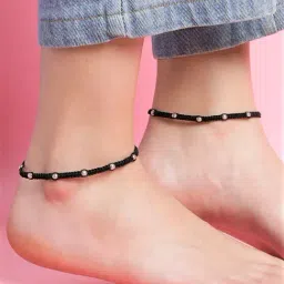 Zavya 92.5 Sterling Silver Classic Beaded Rhodium Plated Thread Pair of Anklet-image-63