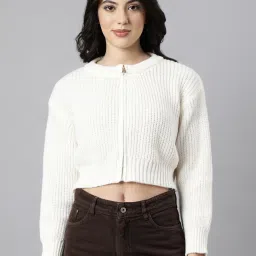 showoffff SHOWOFF Cream Self Design Crop Cardigan image 2