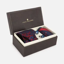 Louis Philippe Navy & Red Embroidered Tie with Pocket Square & Cufflinks image 2
