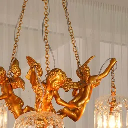 FOS LIGHTING Golden & Transparent Aluminium 3-In-1 Cherubs Chandelier With Glass Shade image 5