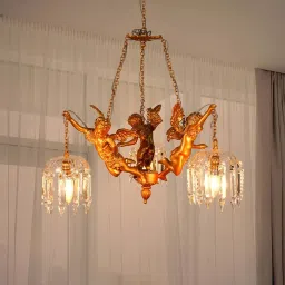 FOS LIGHTING Golden & Transparent Aluminium 3-In-1 Cherubs Chandelier With Glass Shade image 1