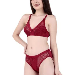 Piylu Women Maroon Solid Net & Lace Fabric Bra & Panty Set image 5