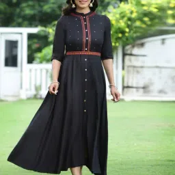 Juniper Black Rayon Embroidered Maxi Dress With Buttons & Sequins Detail-image-69