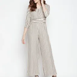 MADAME Beige Cotton Striped Jumpsuit-image-85