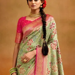 Elora Pista Green & Pink Silk Woven Saree With Unstitched Blouse image 2