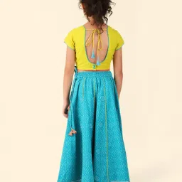 Fabindia Kids Lime Green & Blue Printed Lehenga, Crop Choli with Dupatta image 2