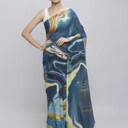 navyasa by liva Blue Printed Saree With Unstitched Blouse image 1