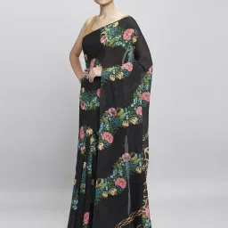 navyasa by liva Black Floral Print Saree With Unstitched Blouse image 3
