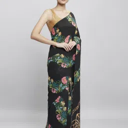 navyasa by liva Black Floral Print Saree With Unstitched Blouse image 4