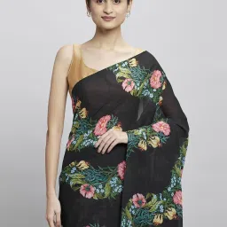 navyasa by liva Black Floral Print Saree With Unstitched Blouse image 5