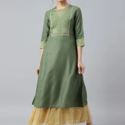 W Olive Green Embroidered A Line Kurta image 1