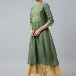 W Olive Green Embroidered A Line Kurta image 4
