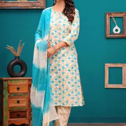 YUSRA Floral Printed Mirror Work Round Neck Straight Kurta with Trousers & Dupatta-picture-31