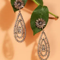 Sohi Daisy Cluster Teardrop Dark Silver Dangler Earrings for Women & Girls-image-26