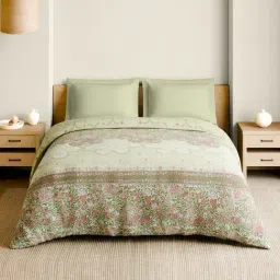 Spaces Light Yellow Cotton Paper Mache Floral Printed Double Quilt-image-1