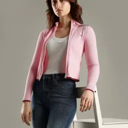 TOMMY HILFIGER Pink Sugar Slim Fit Cotton Mock Neck Front-Open Sweater image 5