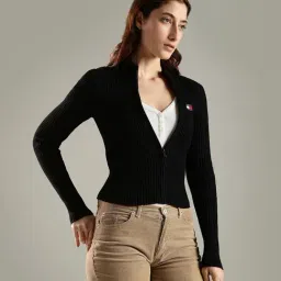 TOMMY HILFIGER Black Slim Fit Polyester Mock Neck Front-Open Sweater image 4