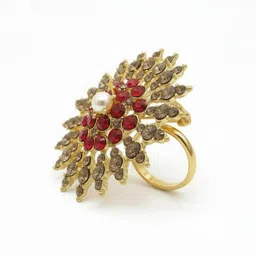ANIKAS CREATION Gold-Plated Stone-Studded & Beaded Adjustable Floral Finger Ring image 5