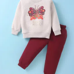 Pepito Fleece Knit Full Sleeves Winter Wear T-Shirt & Lounge Pant Set With Butterfly Print - White & Maroon-picture-11