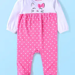 Babyhug Cotton Knit Full Sleeves Sleep Suit With Kitty & Heart Print & Bow Applique - Pink-image-41
