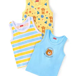 Babyhug 100% Cotton Knit Sleeveless Sandos with Stripes & Animal Print Pack of 3 - Yellow & Blue-picture-30