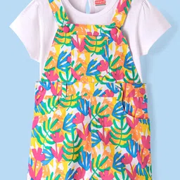 Babyhug Cotton Knit Frock & Half Sleeves Inner Tee With Leaf Print - White-picture-28